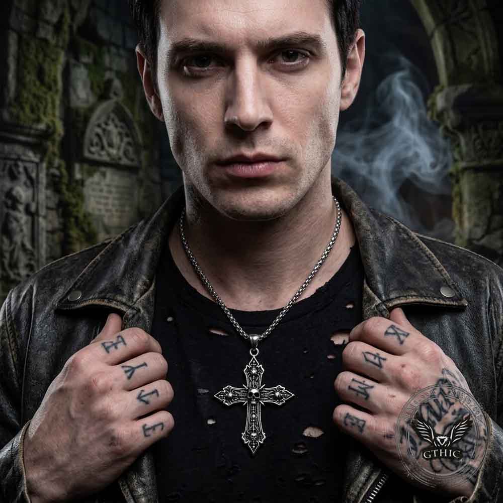 Vintage Skull Baroque Cross Stainless Steel Pendant | Gthic.com