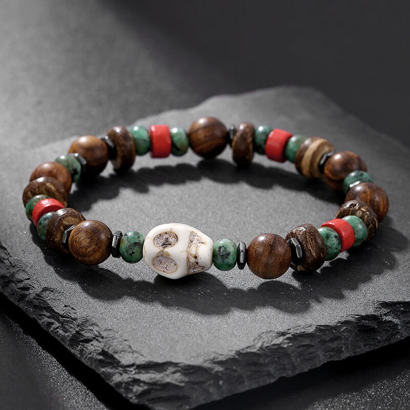 Vintage Skull Beaded Turquoise Wood Bead Bracelet | Gthic.com