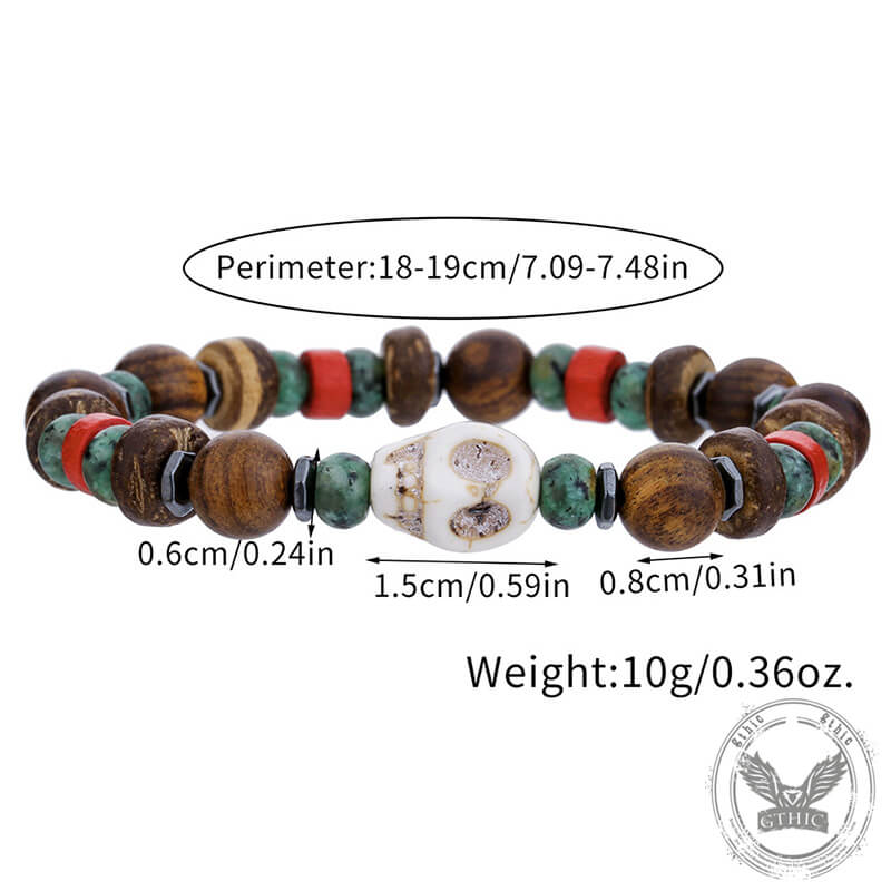 Vintage Skull Beaded Turquoise Wood Bead Bracelet