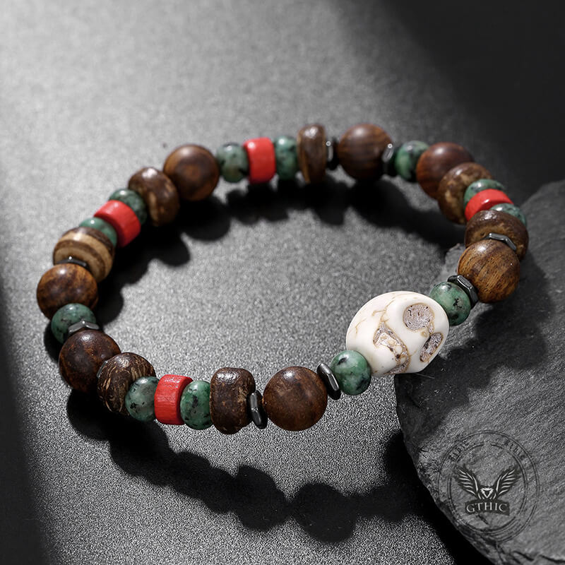 Vintage Skull Beaded Turquoise Wood Bead Bracelet