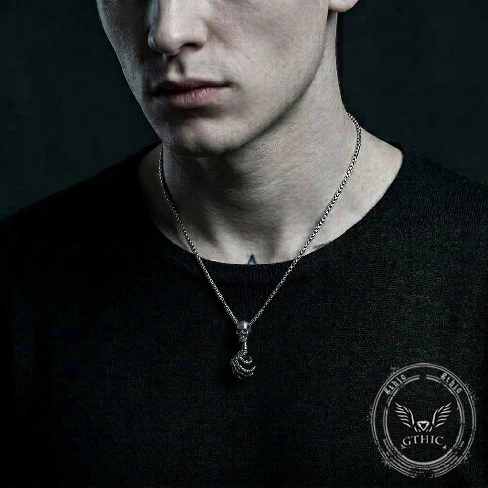 Vintage Skull Hand-held Gem Stainless Steel Pendant | Gthic.com