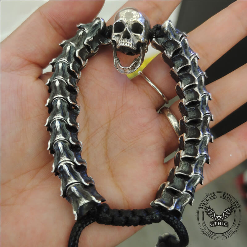 Pulsera ajustable de plata de ley con hueso de serpiente y calavera vintage