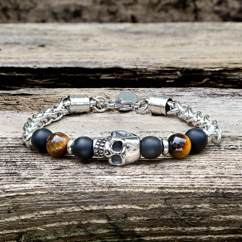 Vintage Skull Tiger Eye Stainless Steel Bracelet | Gthic.com