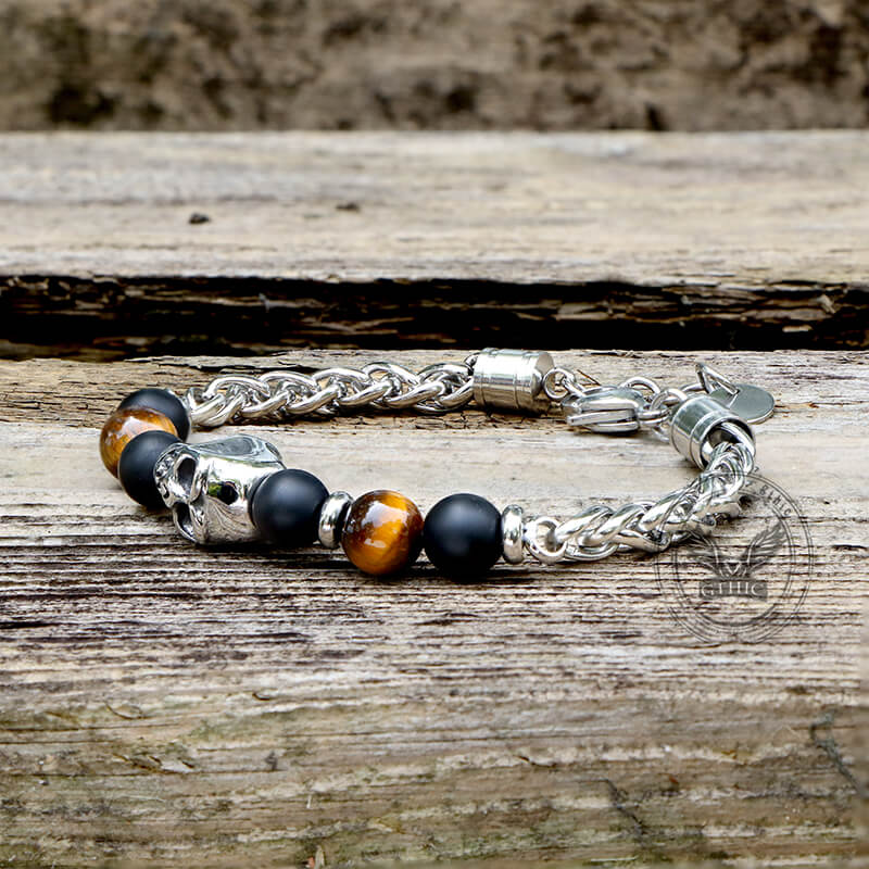 Vintage Skull Tiger Eye Stainless Steel Bracelet | Gthic.com