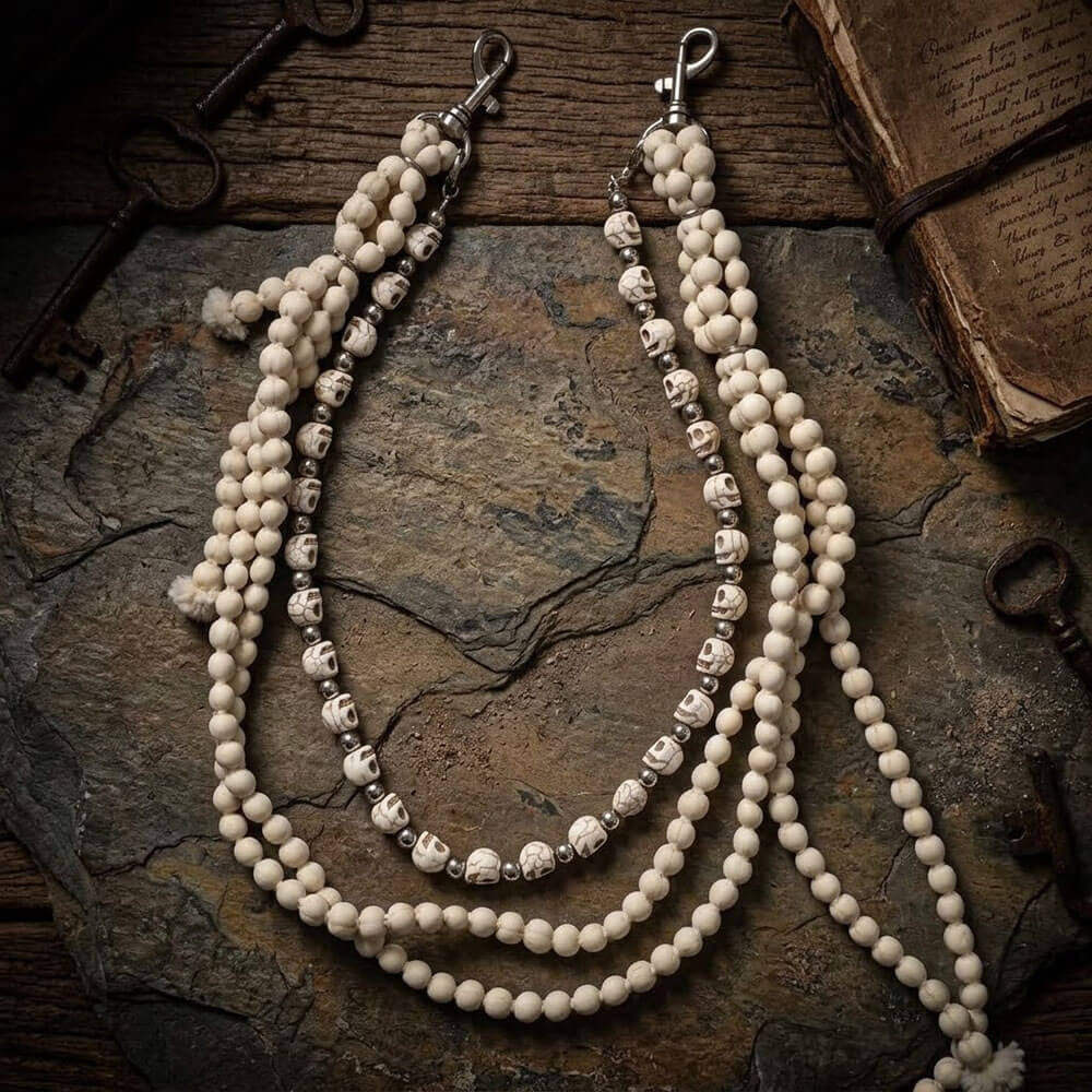 Vintage Skulls Beads Cotton Cord Alloy Pants Chain