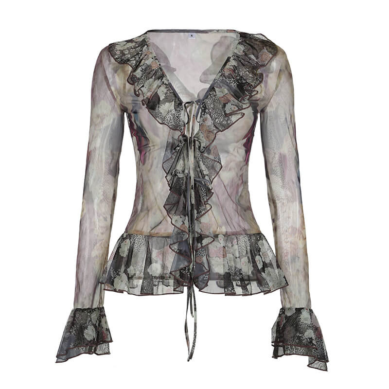 Vintage Smudge Print Mesh Leopard Print Tie-Strap Top | Gthic.com