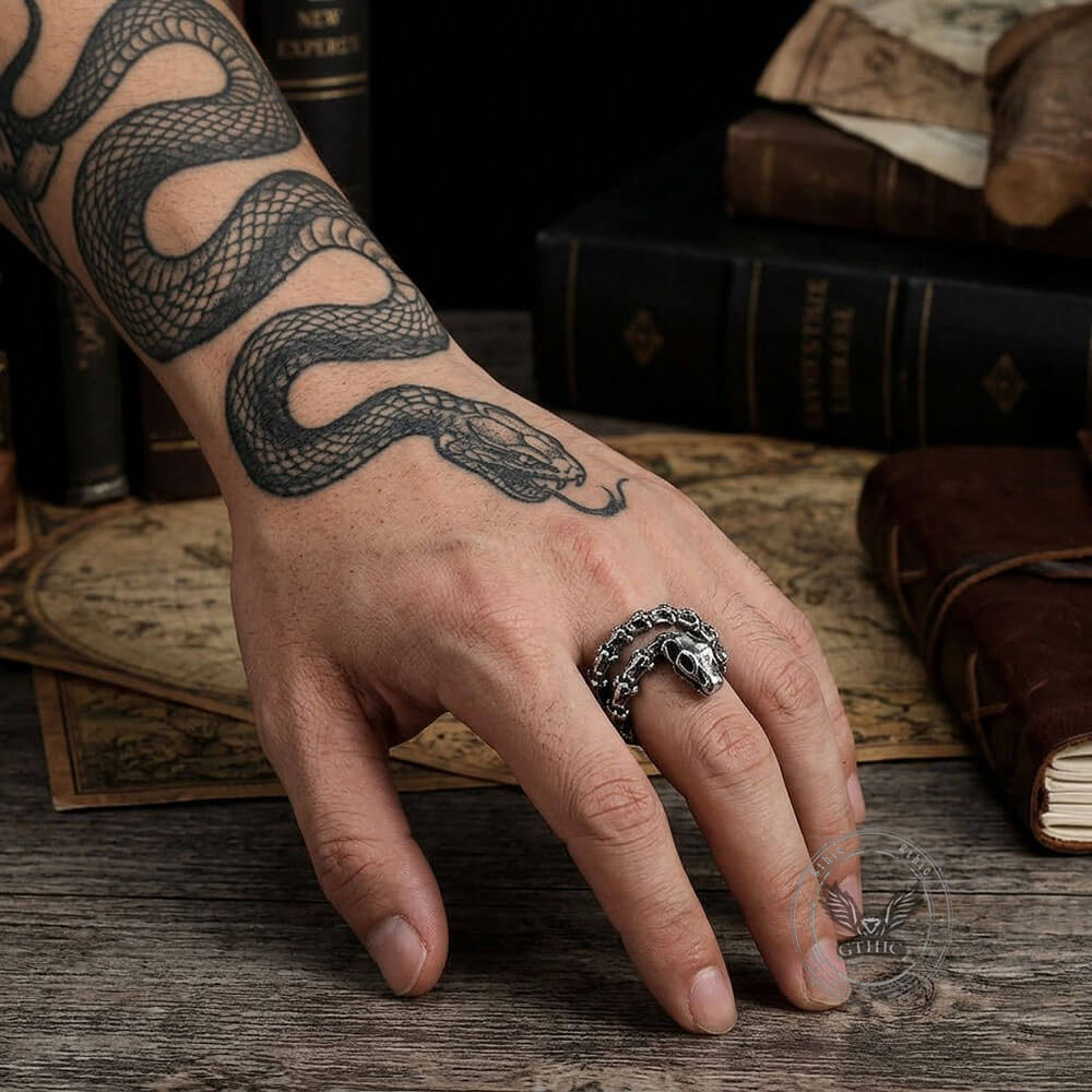 Vintage Snake Bone Stainless Steel Skull Open Ring | Gthic.com