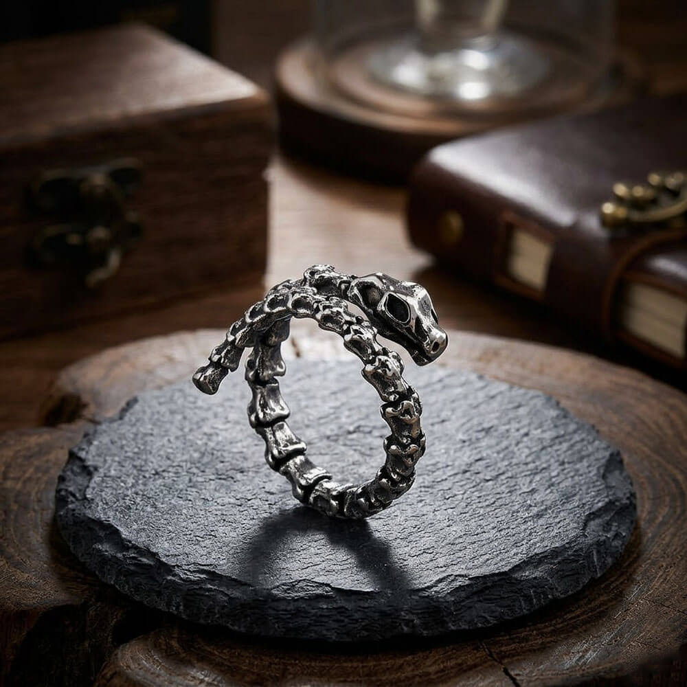 Vintage Snake Bone Stainless Steel Skull Open Ring | Gthic.com