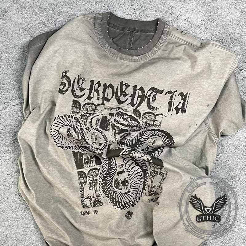 Vintage Snake Graphic Print Washed Distressed T-shirt