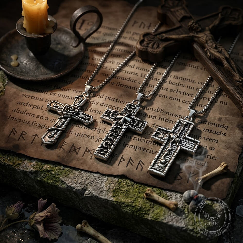 Vintage Snake Rose Cross Stainless Steel Pendant | Gthic.com
