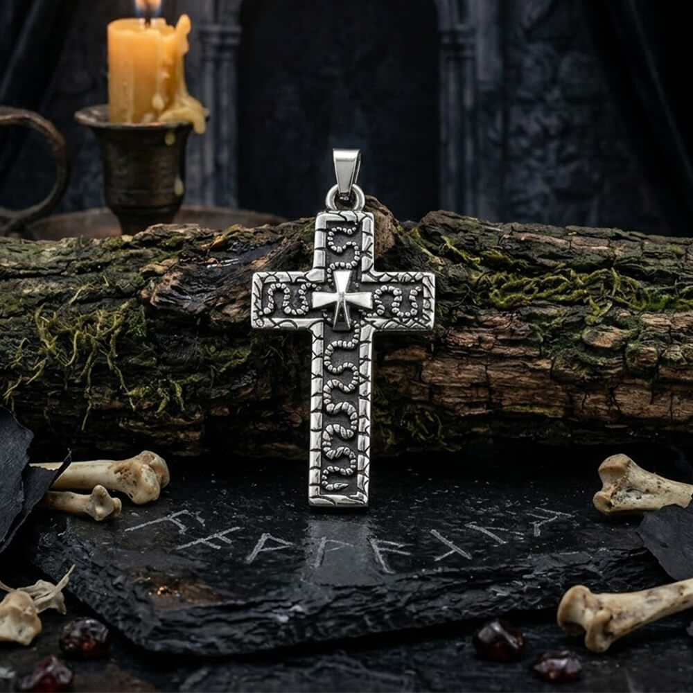 Vintage Snake Rose Cross Stainless Steel Pendant