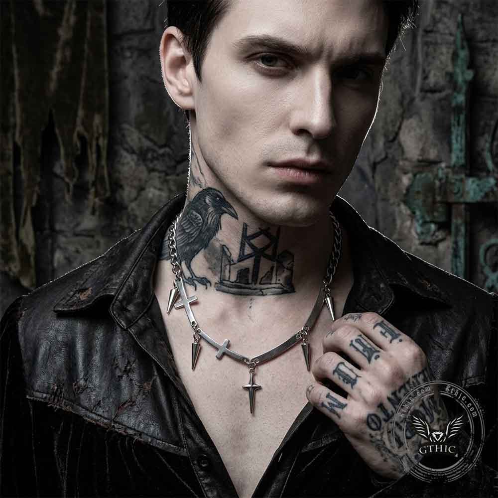 Vintage Spiked Cross Star Stainless Steel Necklace | Gthic.com