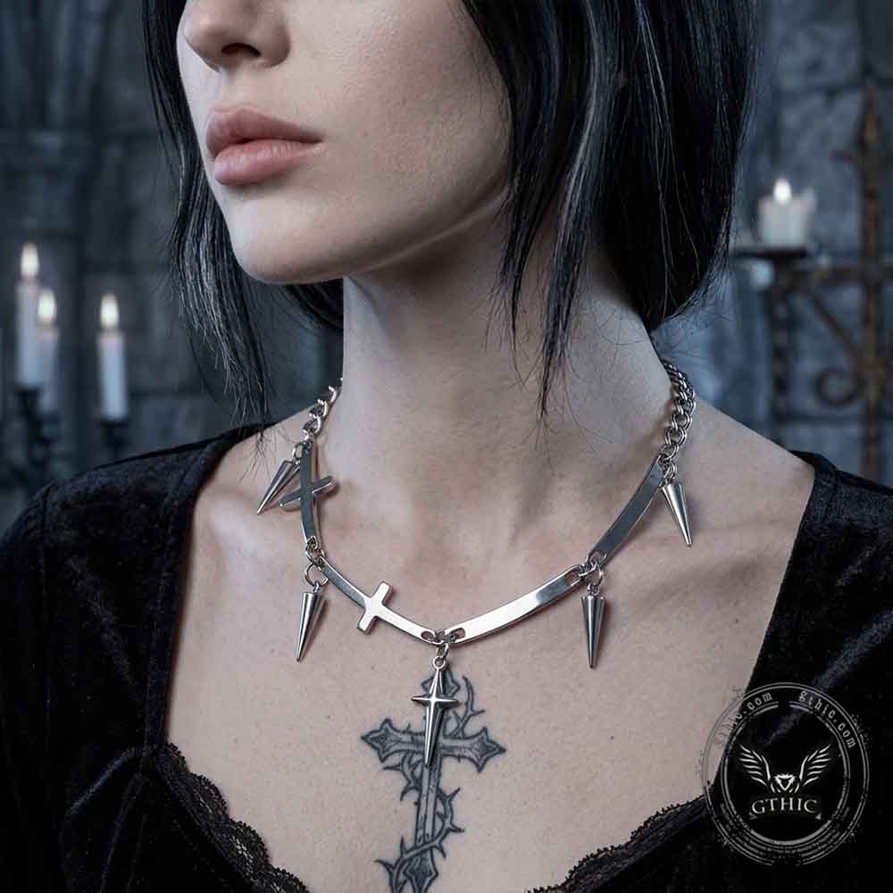 Vintage Spiked Cross Star Stainless Steel Necklace | Gthic.com
