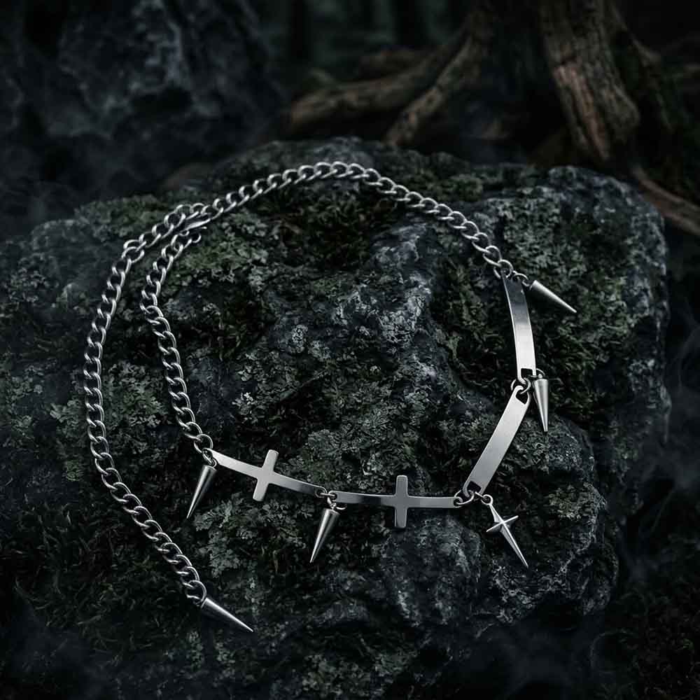 Vintage Spiked Cross Star Stainless Steel Necklace | Gthic.com