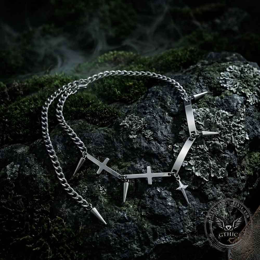 Vintage Spiked Cross Star Stainless Steel Necklace