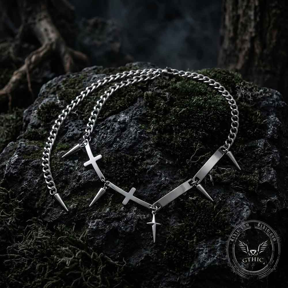 Vintage Spiked Cross Star Stainless Steel Necklace