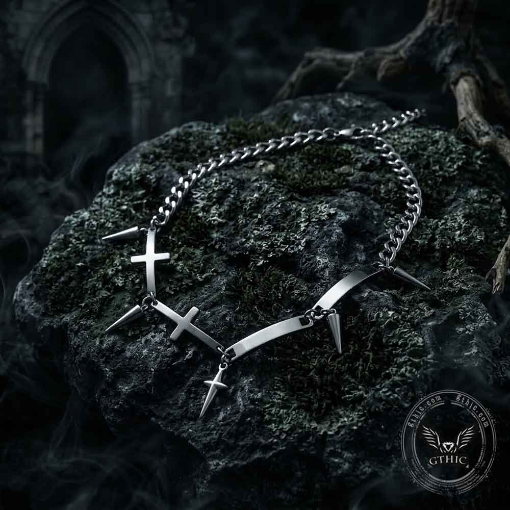 Vintage Spiked Cross Star Stainless Steel Necklace