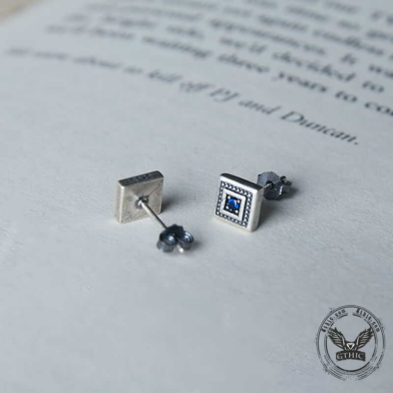 Vintage Square Blue Stone Inlaid Sterling Silver Stud Earrings