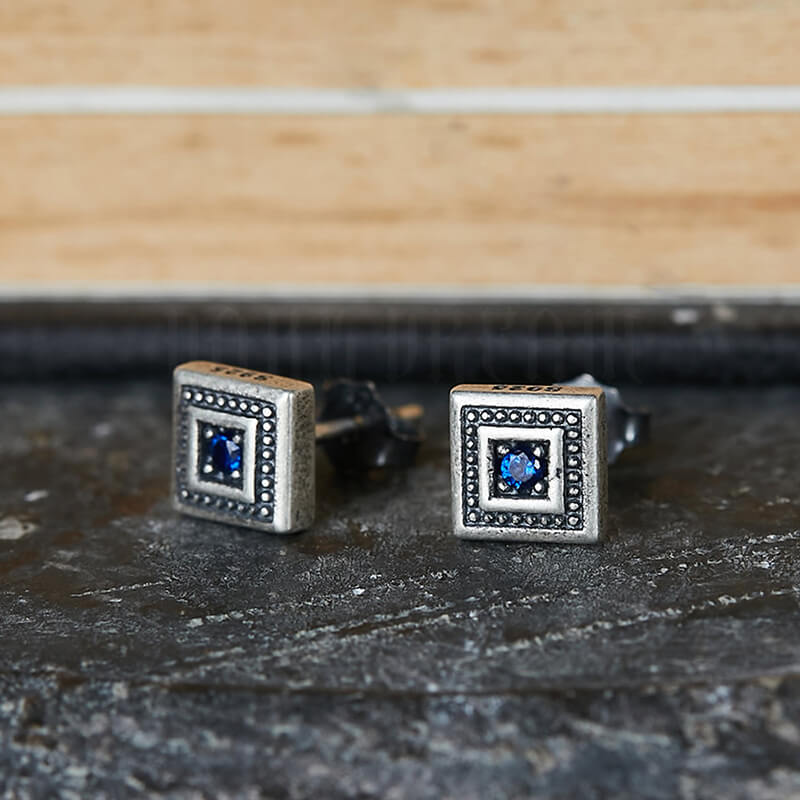 Vintage Square Blue Stone Inlaid Sterling Silver Stud Earrings | Gthic.com