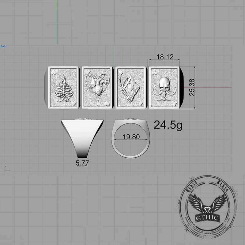 Vintage Square Skull Playing Card Sterling Silver Ring