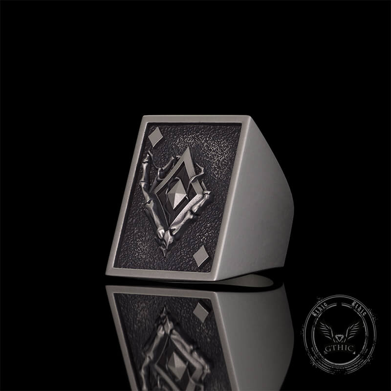 Vintage Square Skull Playing Card Sterling Silver Ring