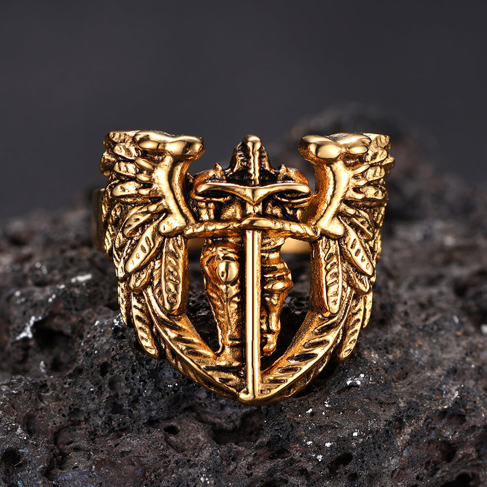 Vintage St. Michael Archangel Stainless Steel Hollow Ring | Gthic.com