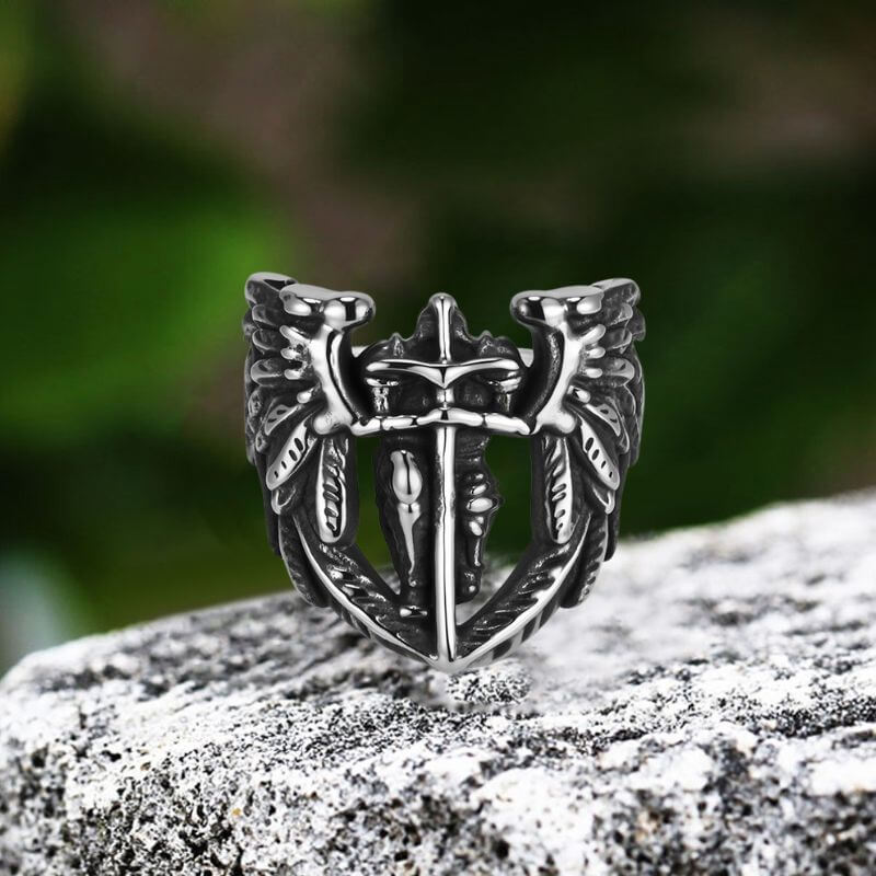 Vintage St. Michael Archangel Stainless Steel Hollow Ring | Gthic.com