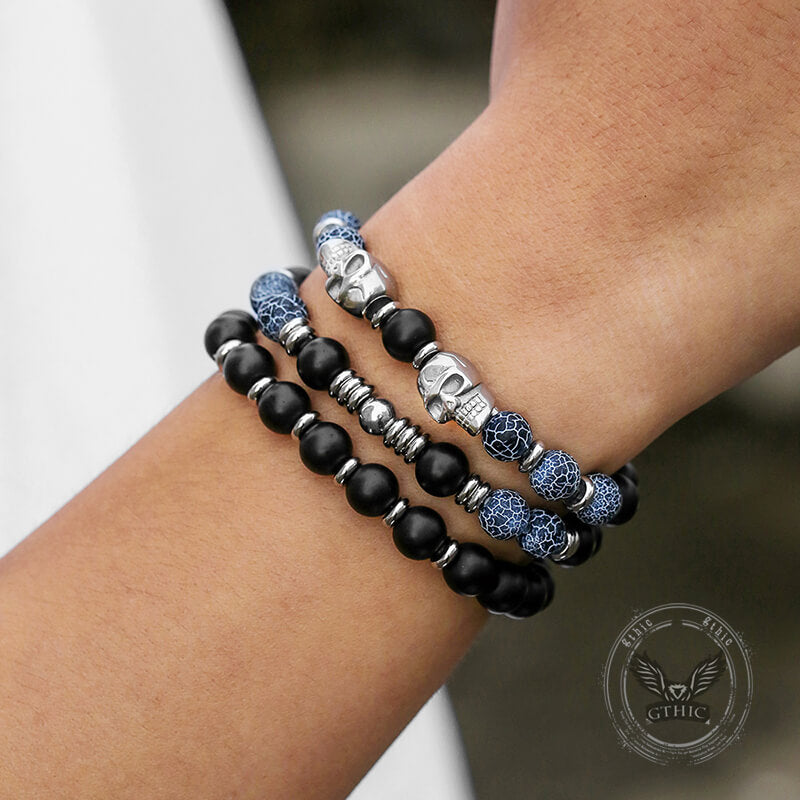 Vintage Stacking Stainless Steel Skull Beaded Bracelet | Gthic.com