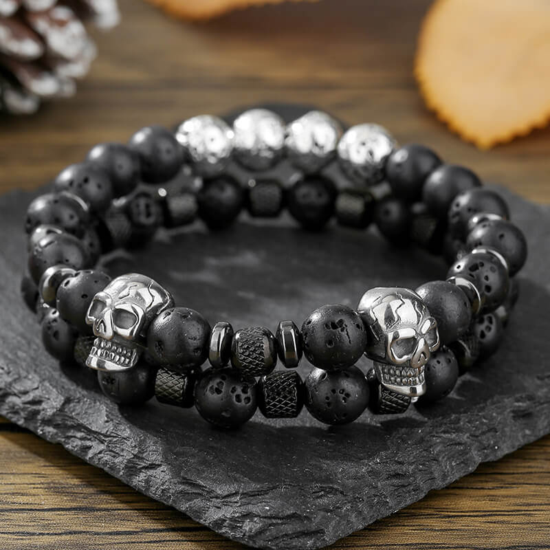 Vintage Stacking Stainless Steel Skull Beaded Bracelet | Gthic.com