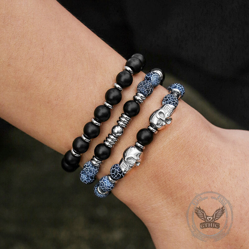 Vintage Stacking Stainless Steel Skull Beaded Bracelet | Gthic.com