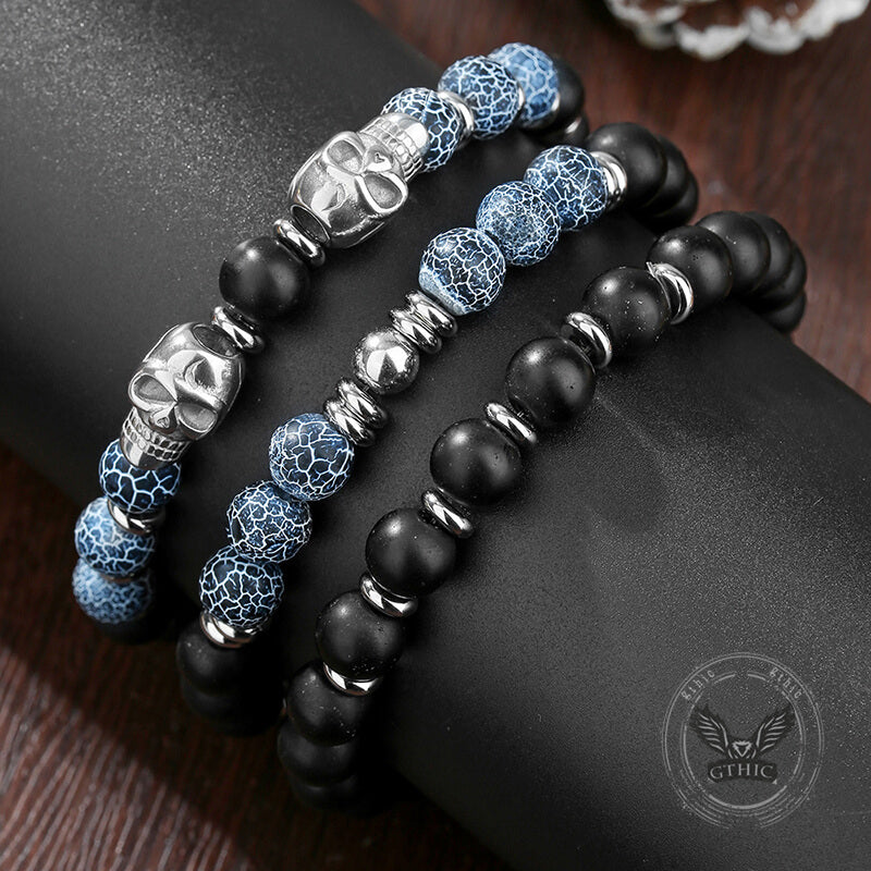 Vintage Stacking Stainless Steel Skull Beaded Bracelet