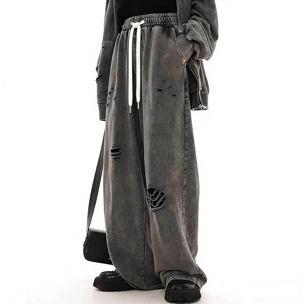 Vintage Street Washed Ripped Hooded Jacket And Pants
