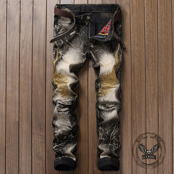 Vintage Street Wings Embroidery Ripped Straight Jeans | Gthic.com