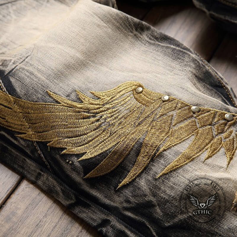 Vintage Street Wings Embroidery Ripped Straight Jeans | Gthic.com