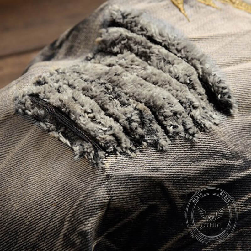 Vintage Street Wings Embroidery Ripped Straight Jeans | Gthic.com