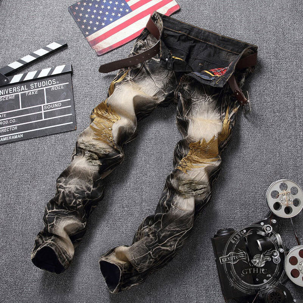 Vintage Street Wings Embroidery Ripped Straight Jeans | Gthic.com