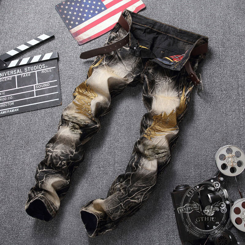 Vintage Street Wings Embroidery Ripped Straight Jeans | Gthic.com