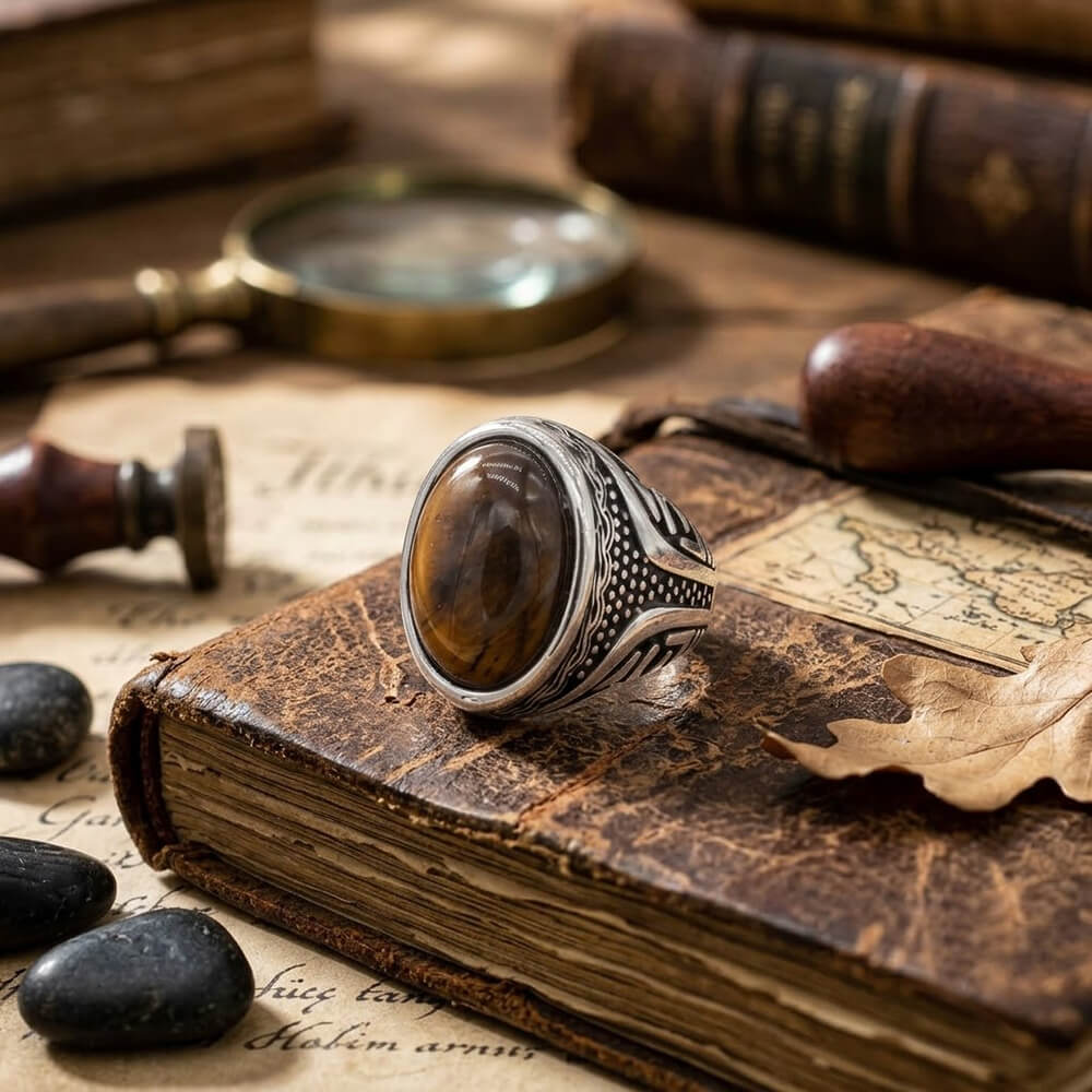 Vintage Textured Gemstone Stainless Steel Ring | Gthic.com