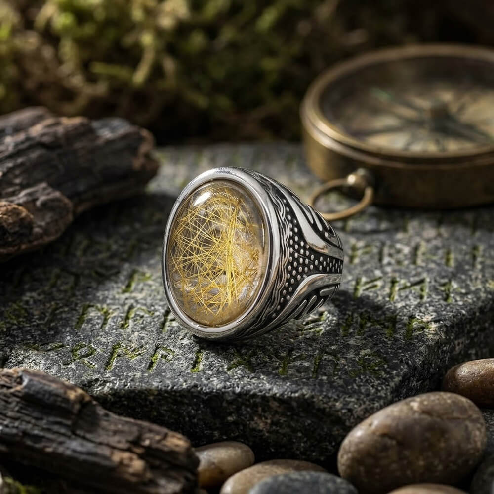 Vintage Textured Gemstone Stainless Steel Ring