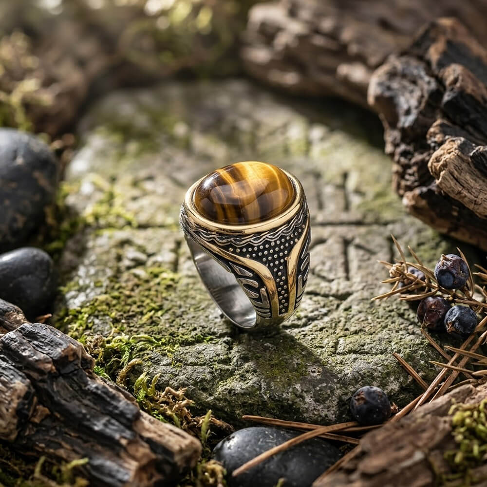 Vintage Textured Gemstone Stainless Steel Ring