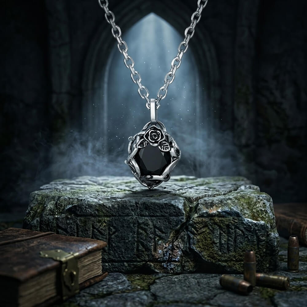 Vintage Thorn Rose Gemstone Stainless Steel Pendant