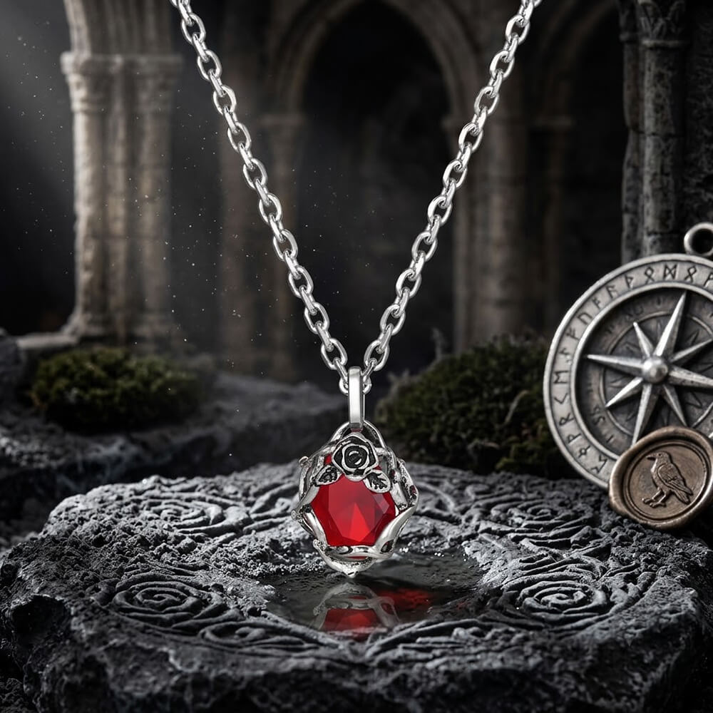 Vintage Thorn Rose Gemstone Stainless Steel Pendant