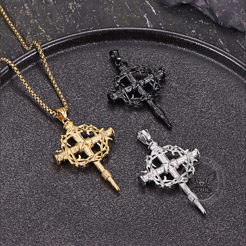 Vintage Thorn Wreath Stainless Steel Cross Pendant | Gthic.com