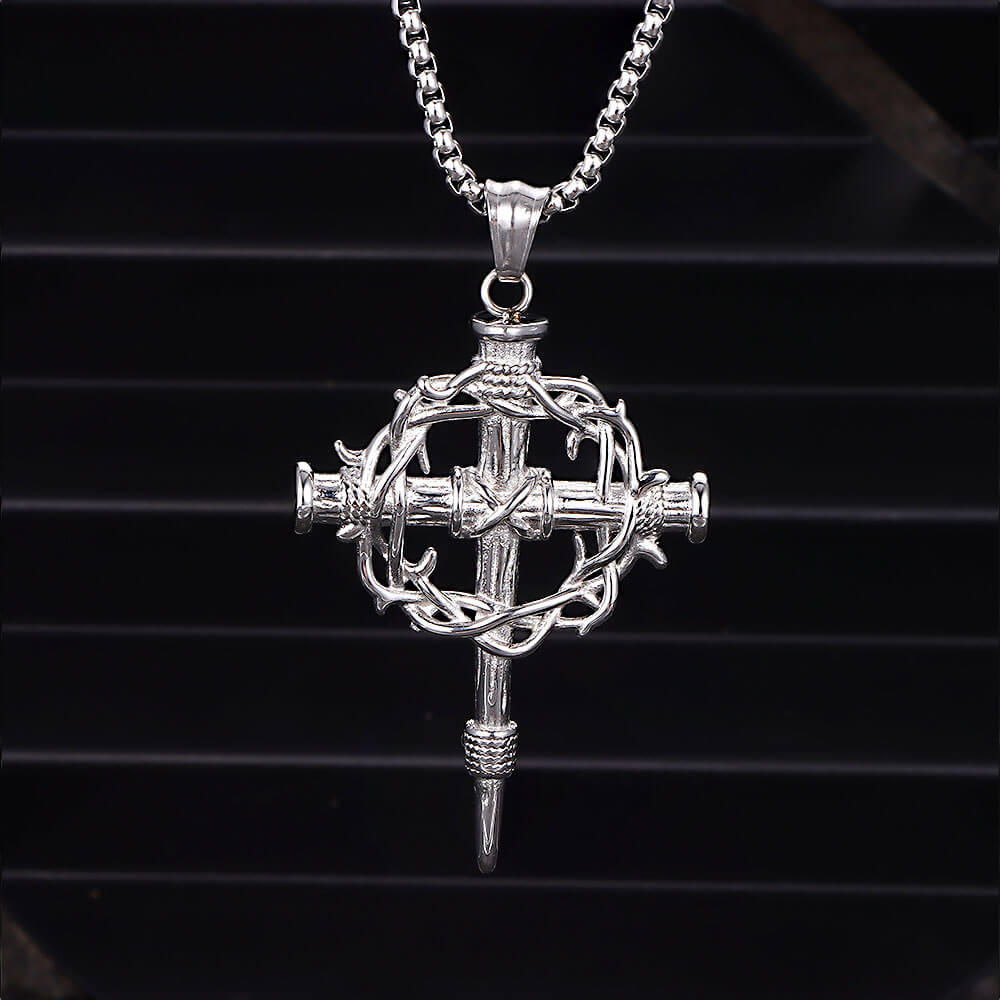 Vintage Thorn Wreath Stainless Steel Cross Pendant