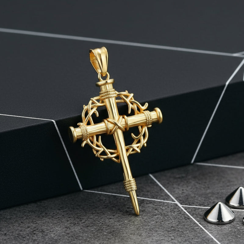 Vintage Thorn Wreath Stainless Steel Cross Pendant