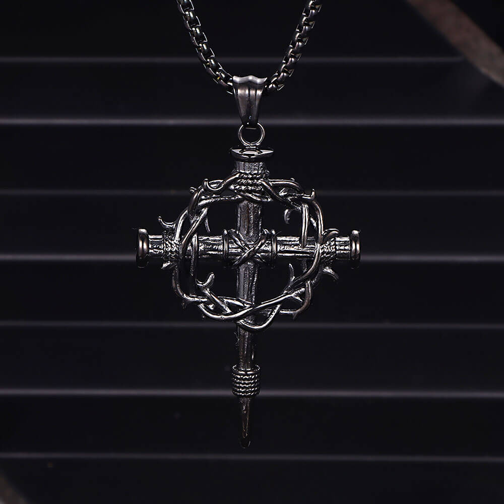 Vintage Thorn Wreath Stainless Steel Cross Pendant