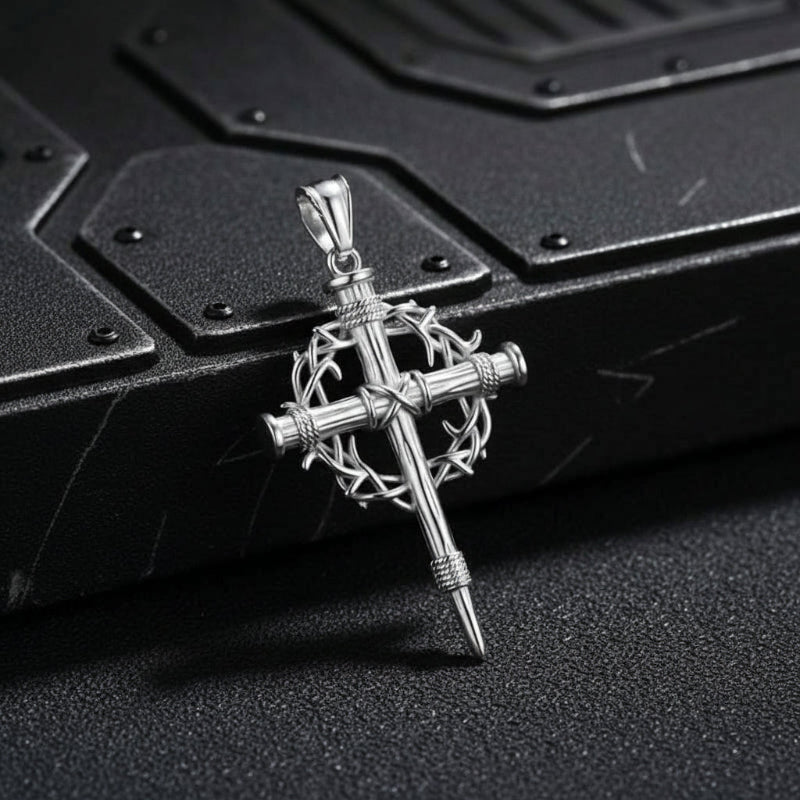 Vintage Thorn Wreath Stainless Steel Cross Pendant | Gthic.com