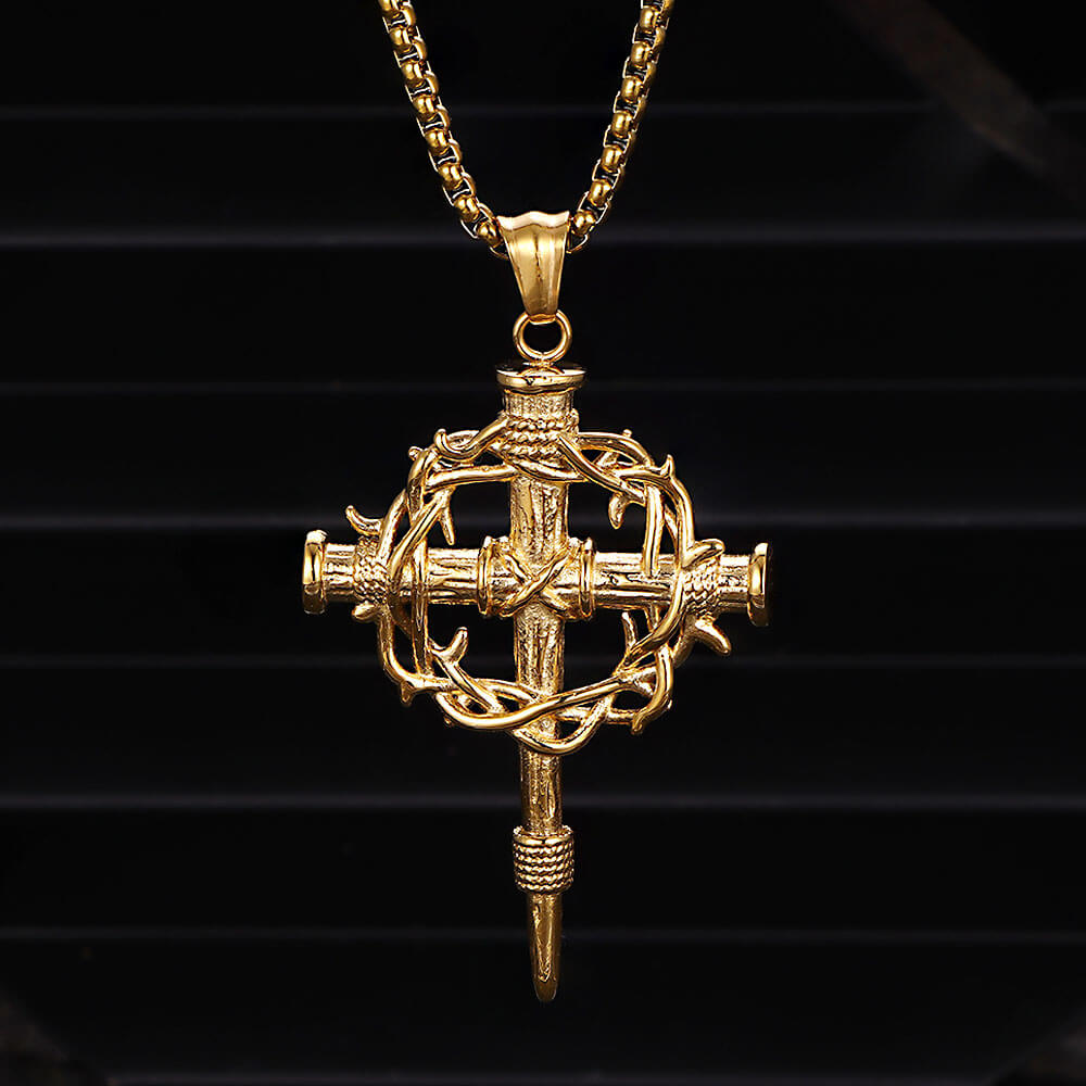 Vintage Thorn Wreath Stainless Steel Cross Pendant