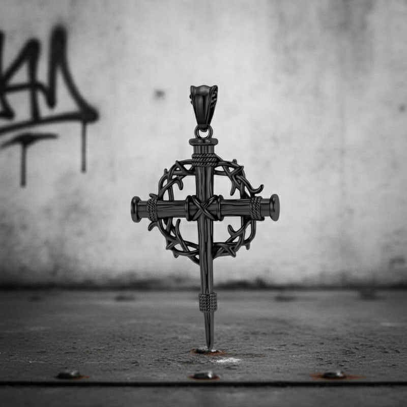 Vintage Thorn Wreath Stainless Steel Cross Pendant