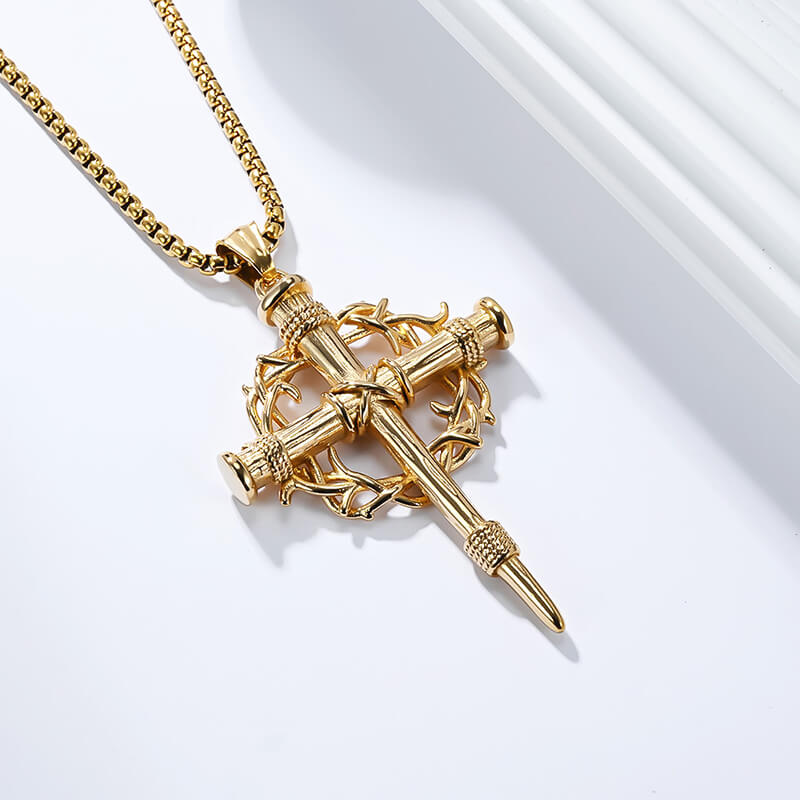 Vintage Thorn Wreath Stainless Steel Cross Pendant | Gthic.com